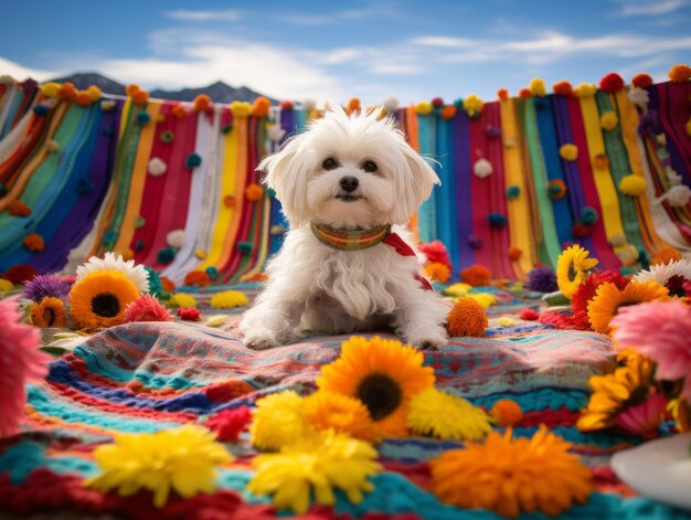 Fluffy hond zit op een kleurrijke picknick deken