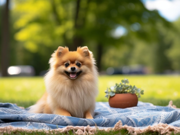 Fluffy hond zit op een kleurrijke picknick deken