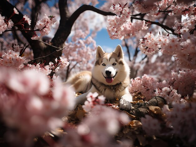 Fluffy husky lies on the grass on a blurred background generative ai