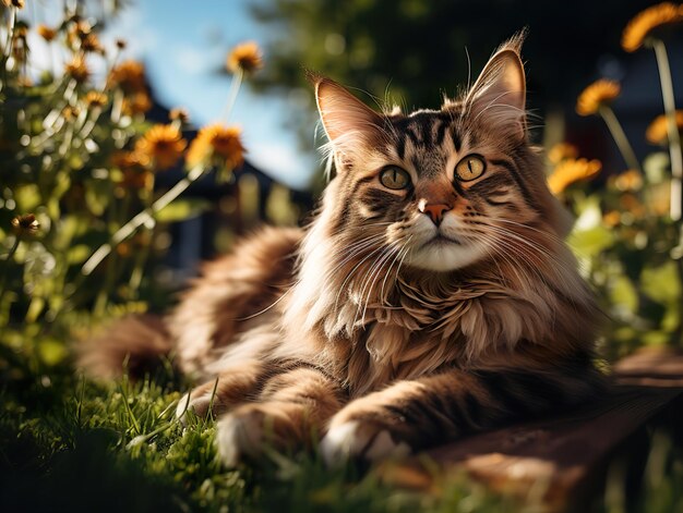 Fluffy kat ligt op het gras op een wazige achtergrond Generatieve AI
