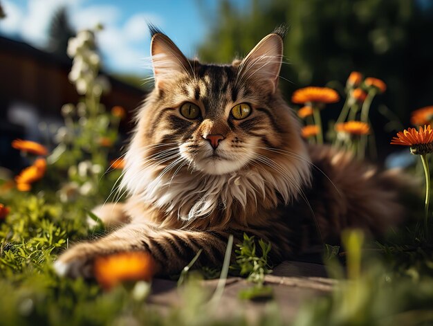 Fluffy kat ligt op het gras op een wazige achtergrond Generatieve AI