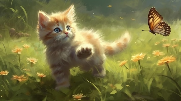 A fluffy kitten chasing a butterfly ai generated