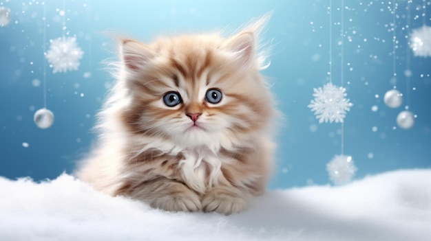 Fluffy kitten op een blauwe achtergrond met sneeuwvlokken Winter greeting card concept