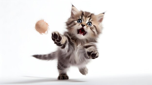 A fluffy kitten playfully batting at a toy