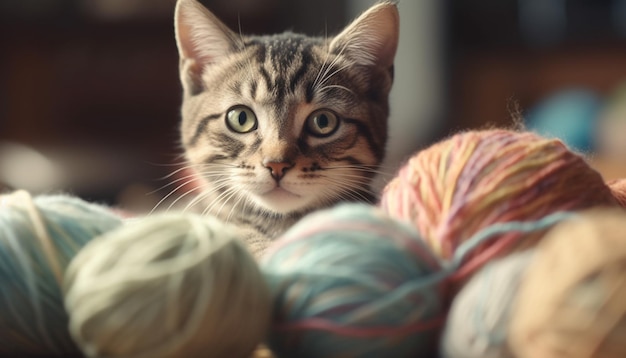 Фото Пушистый котенок играет с шерстью — милое и творческое хобби, созданное искусственным интеллектом