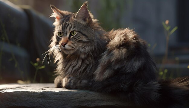 Fluffy kitten sitting in grass staring alertly generated by artificial intelligence