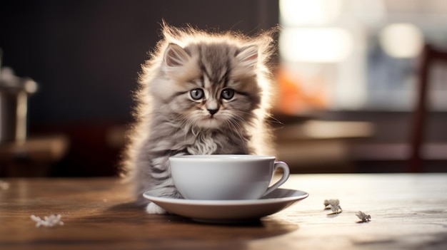 Fluffy kitten sitting on table drinking from saucer