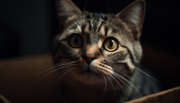 Fluffy kitten staring at camera with cute striped fur and whiskers generated by artificial intelligence