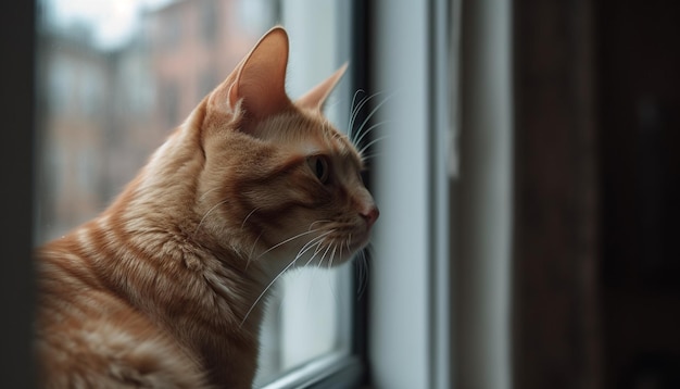 Fluffy kitten staring out window cute feline portrait in nature generated by artificial intelligence