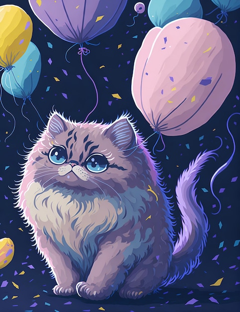 A fluffy kitten surrounded by colorful balloons and confetti digital painting illustration