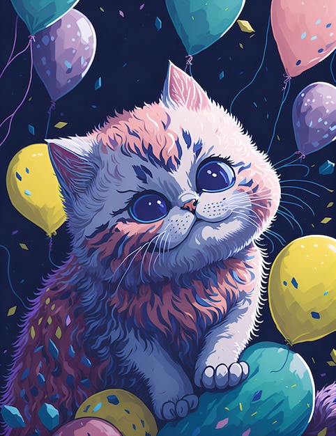 Пушистый котенок в окружении разноцветных воздушных шаров и иллюстрации цифровой живописи конфетти