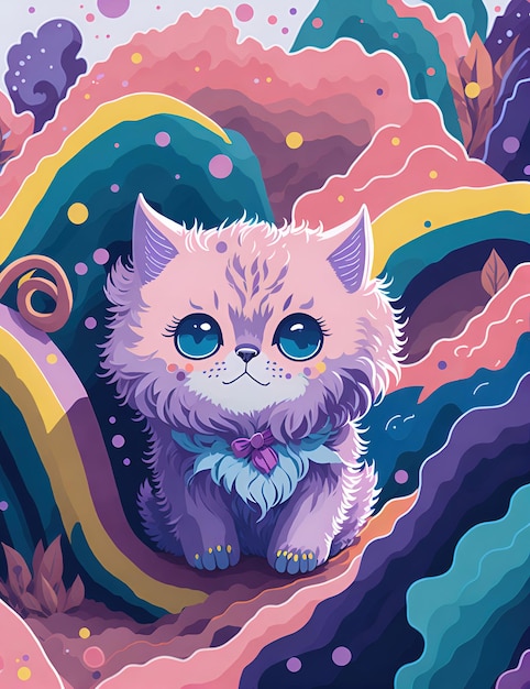 カラーデジタル絵画イラストのカラフルな虹のしぶきに囲まれたふわふわの子猫
