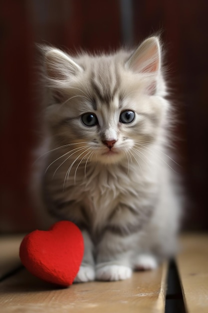 A fluffy kitten with a heart shaped toy