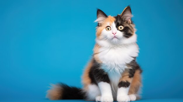 Fluffy kitty looking at camera on blue background front view cute young long hair calico or torbie