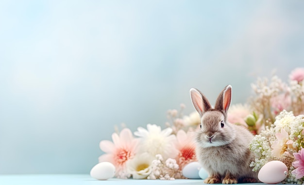 Fluffy konijn met paaseieren en voorjaarsbloemen op een lichte achtergrond