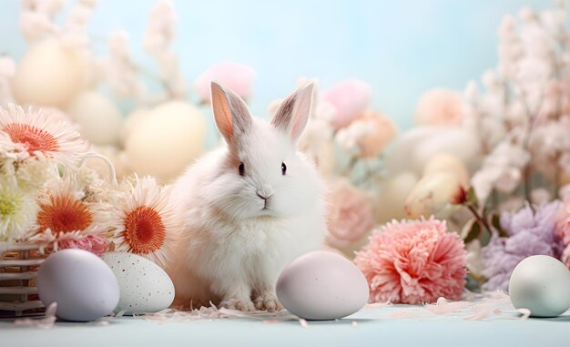 Fluffy konijn met paaseieren en voorjaarsbloemen op een lichte achtergrond