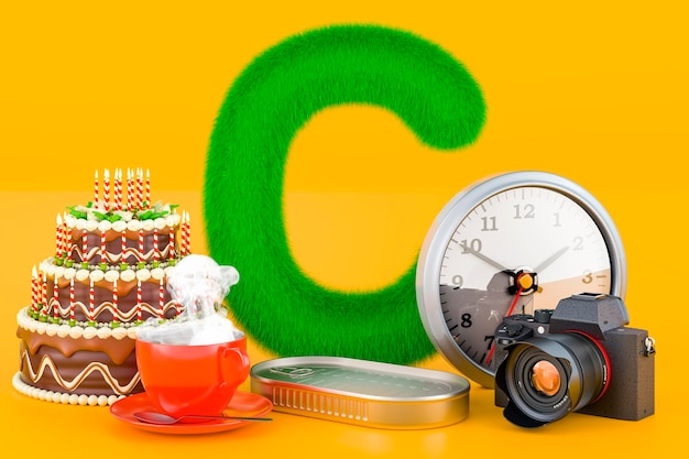 Fluffy letter C met cake klok beker blikje camera Kids ABC 3D-rendering