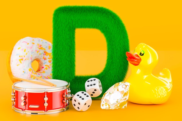 Fluffy letter D with rubber duck drum donut diamond dice Kids ABC 3D rendering