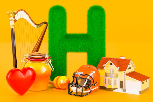 Fluffy letter H with home heart helmet harp honey Kids ABC 3D rendering