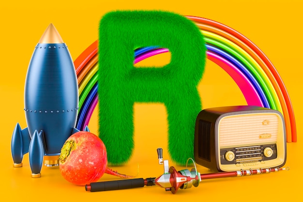 Fluffy letter R with rocket rainbow radio fishing rod radish Kids ABC 3D rendering