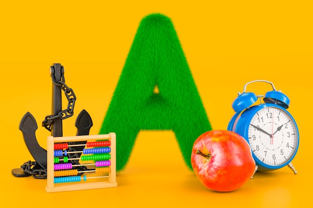 Fluffy letter A with apple alarm clock abacus accordion anchor Kids ABC 3D rendering