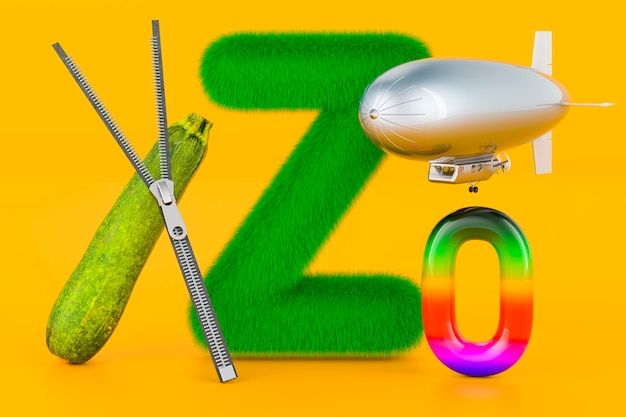 Fluffy letter Z with zipper zeppelin zucchini zero Kids ABC 3D rendering