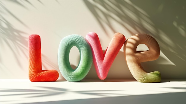 Fluffy lettering LOVE pastel light color palette Light background Romantic concept Generative AI
