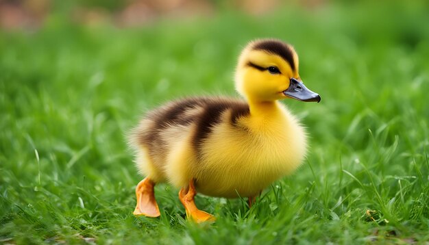 Photo fluffy little duck of yellow against the green grass