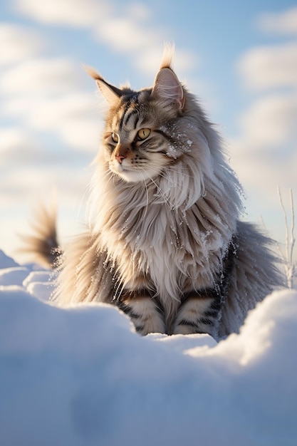 A fluffy Maine Coon Cat in the snow