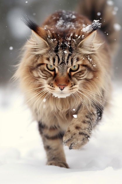 A fluffy Maine Coon Cat in the snow