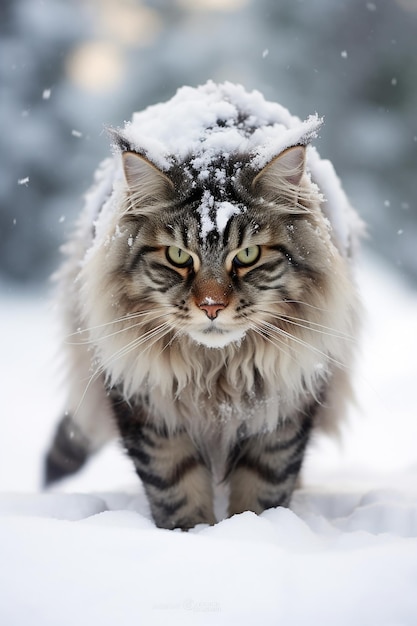 雪の中の毛深いメインクーン猫