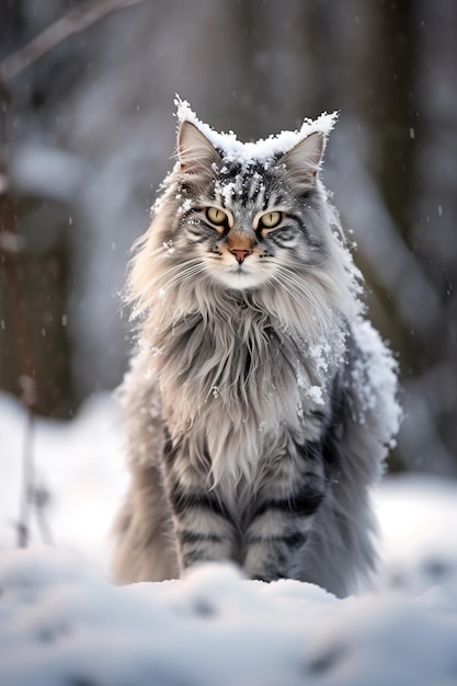 雪の中の毛深いメインクーン猫