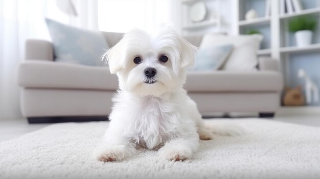 Fluffy maltese Puppy in Modern Living Room