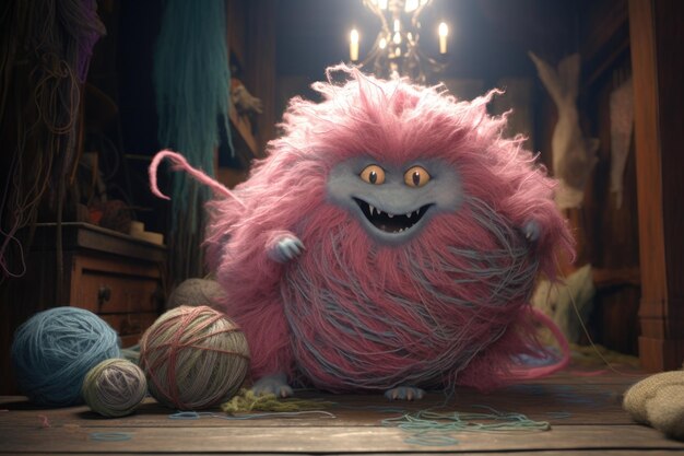 Photo a fluffy monster with large feet getting tangled in a ball of yarn