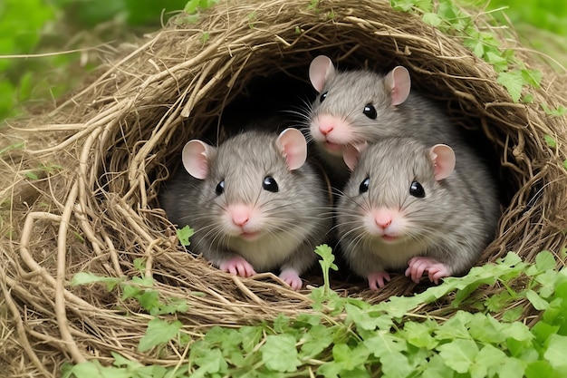 Fluffy newborn rodents in animal nest outdoors