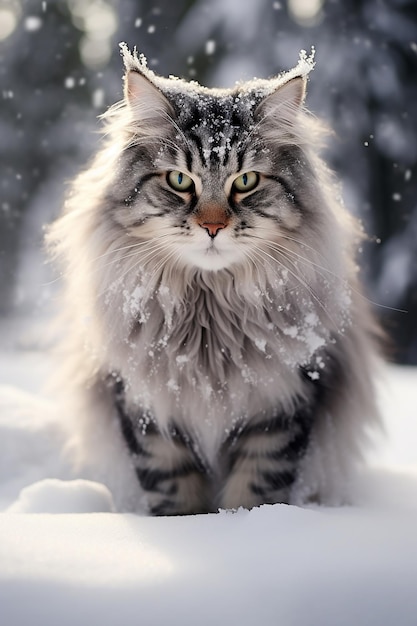 A fluffy Norwegian Forest Cat in the snow