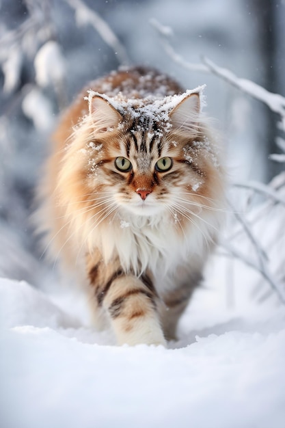 A fluffy Norwegian Forest Cat in the snow