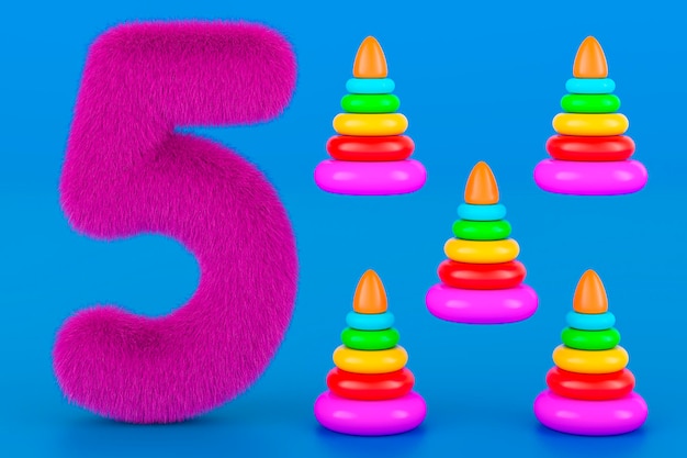 Fluffy number 5 with five pyramids 3D rende