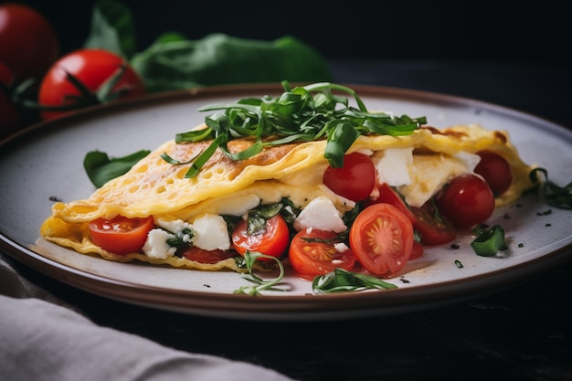 Fluffy omelet with goat cheese arugula and baby tomatoes