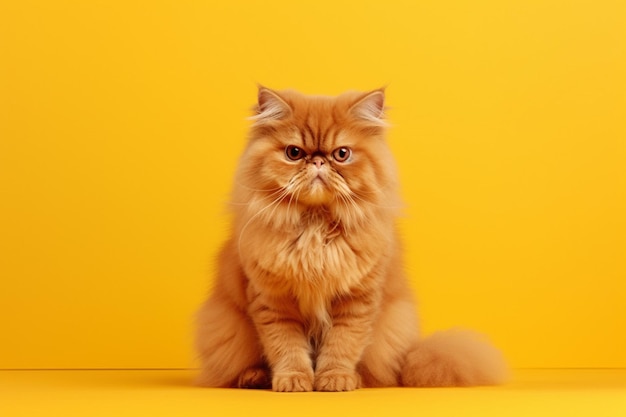 A fluffy orange cat sits on a yellow background