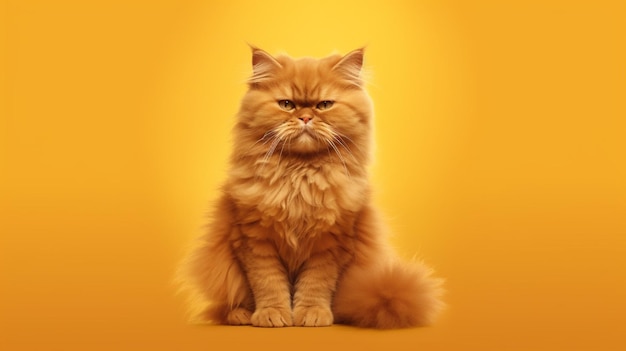 A fluffy orange cat sits on a yellow background