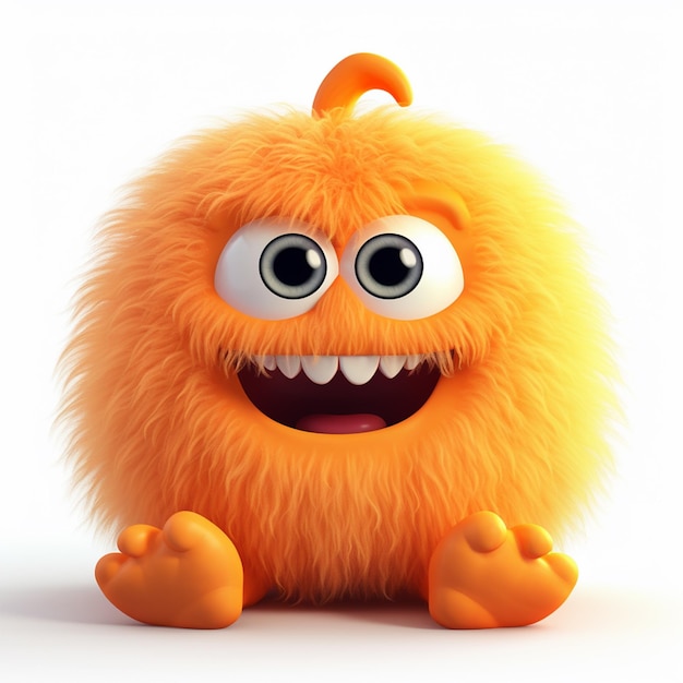 A fluffy orange monster with green eyes is sitting on a white background