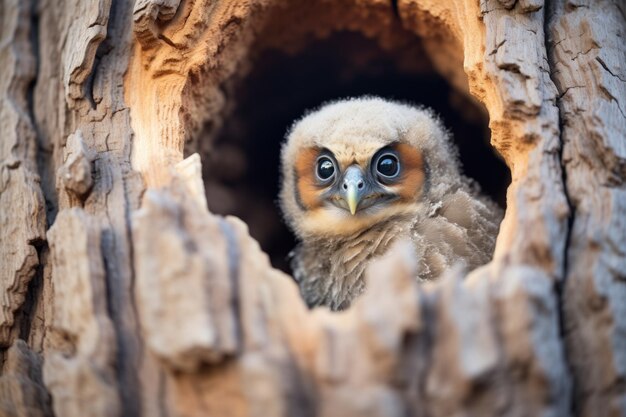 Fluffy owlet in a poplar tree hollow