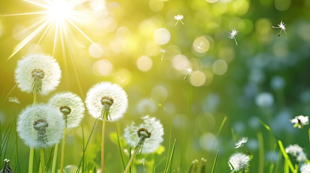 Fluffy paardenbloemen in het gras in de zon