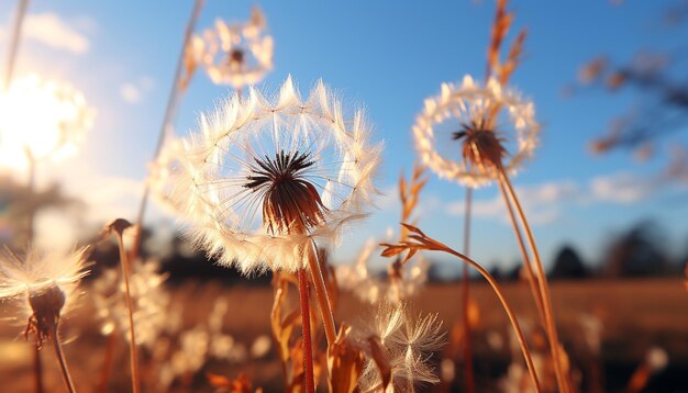 Foto fluffy paardenbloemzaad in weide zonsondergang schoonheid gegenereerd door kunstmatige intelligentie