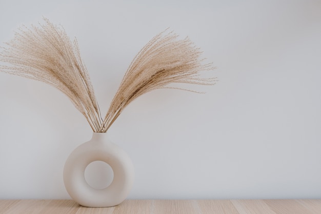 Fluffy pampas grass  reed in stylish vase against white wall. Minimal interior decoration.