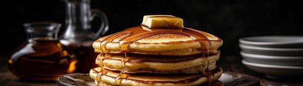 Fluffy pancakes stacked high with butter and maple Horizontal banner AI generated