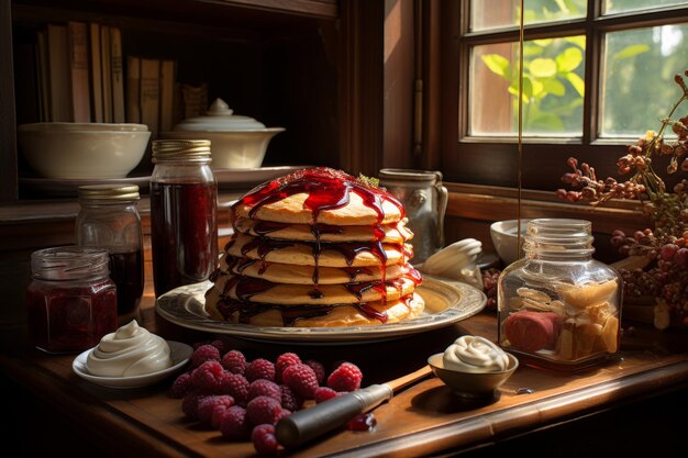 Fluffy pancakes topped with blueberry jam under a bright light beside a jar of jam with a spoon