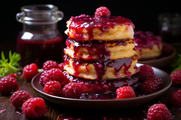 Fluffy pancakes topped with strawberry jam and hot coffee on rustic wooden table