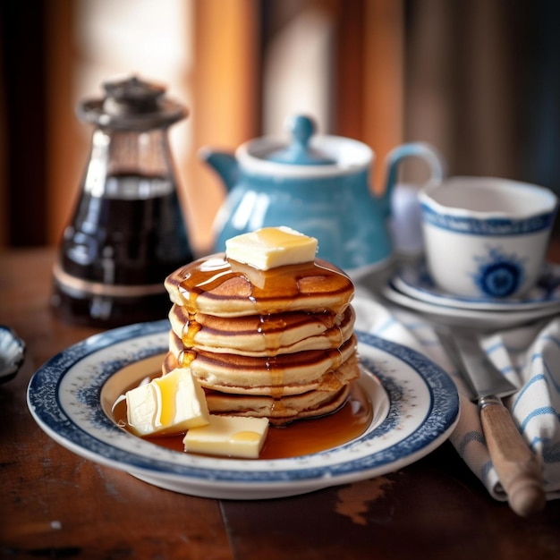 Fluffy Pancakes with Maple Syrup on Striped Plate